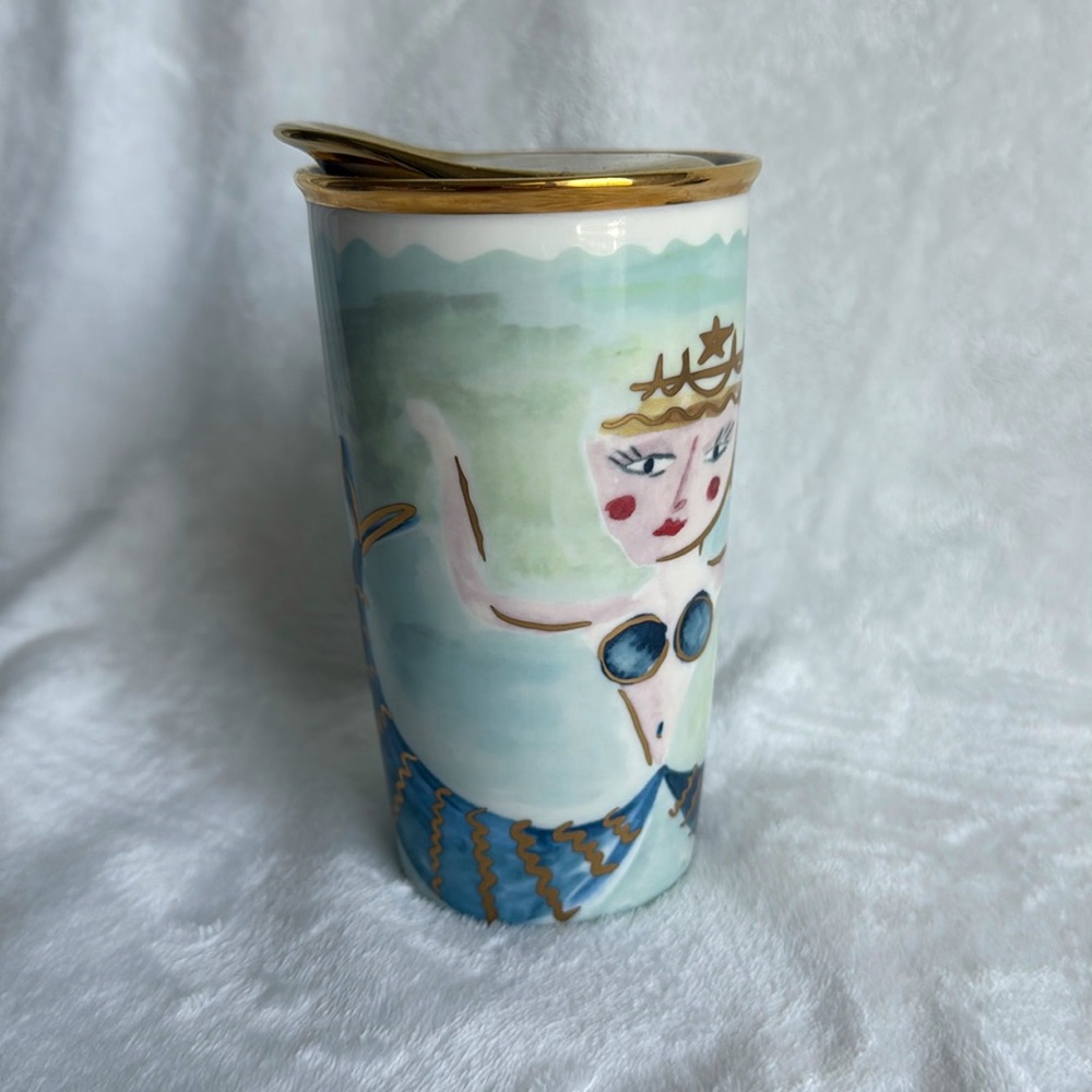 Starbucks Gold and Blue Ceramic Tumbler Whimsical Design